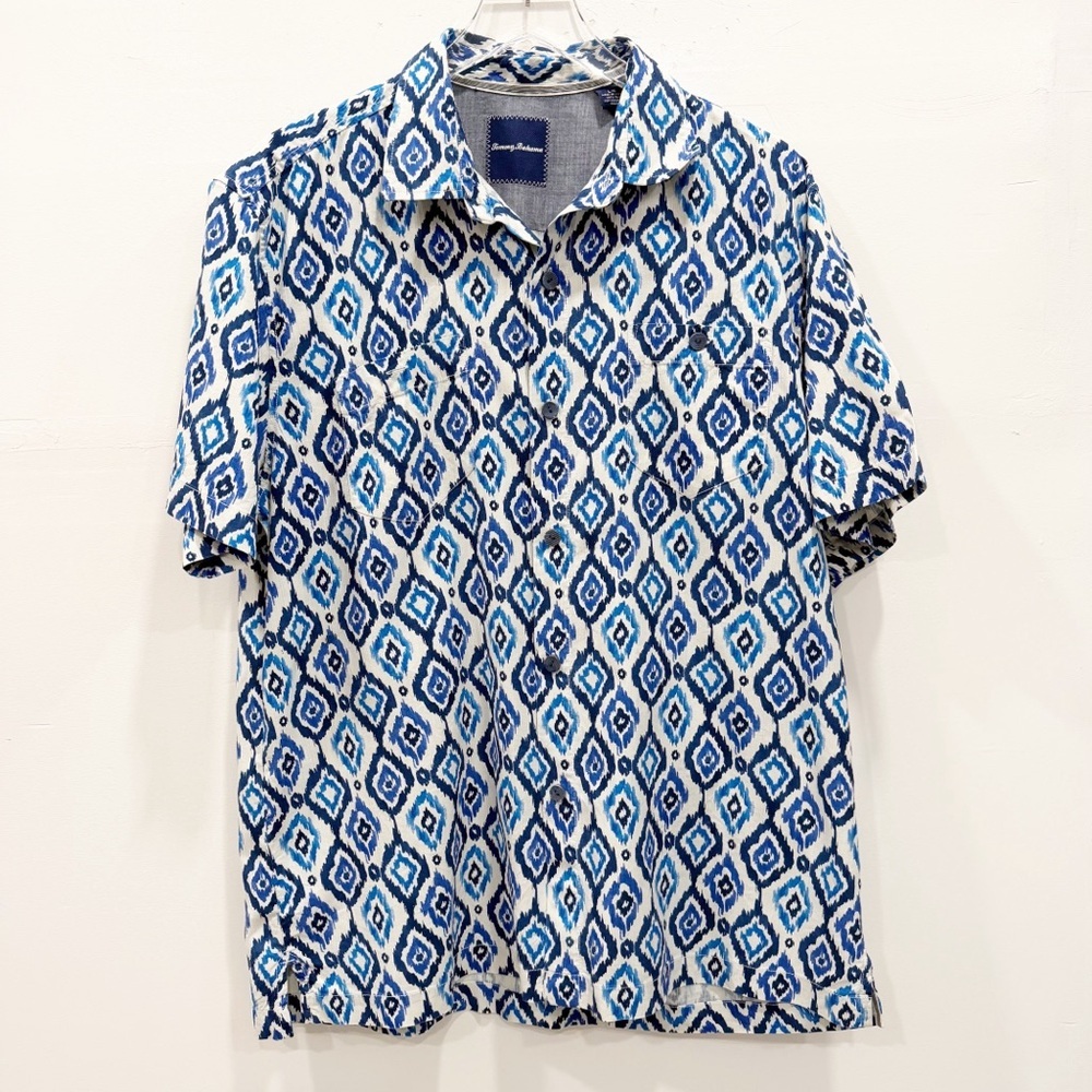 Tommy Bahama Ikat Print Silk Camp Shirt Short Sleeve Blue White Large